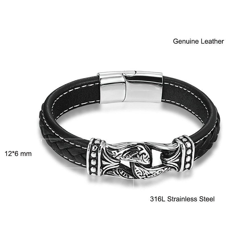 Gothic style genuine leather bracelet for men with stainless steel clasp, 12x6 mm, perfect for enhancing edgy outfits.