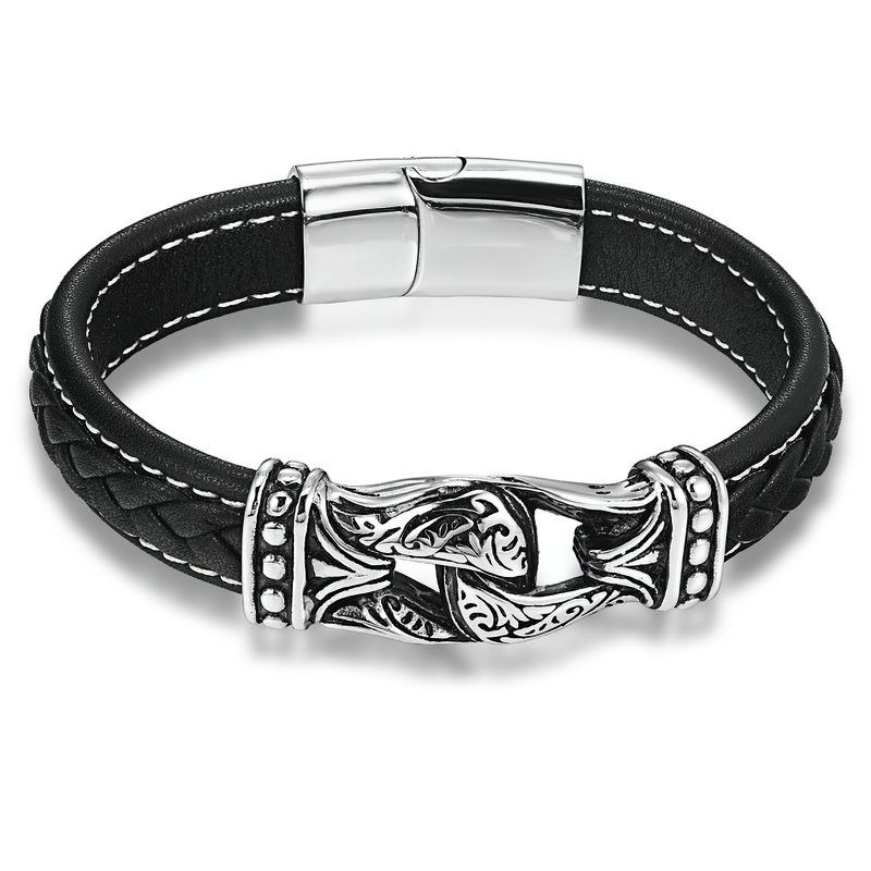 Stylish gothic leather bracelet for men featuring stainless steel clasp and intricate design, perfect for edgy outfits.