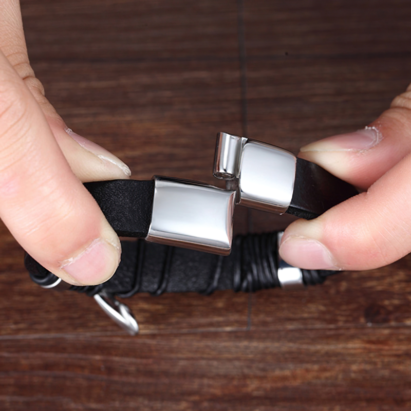 Genuine leather bracelet for men, showcasing stainless steel clasp, perfect for gothic style outfits.