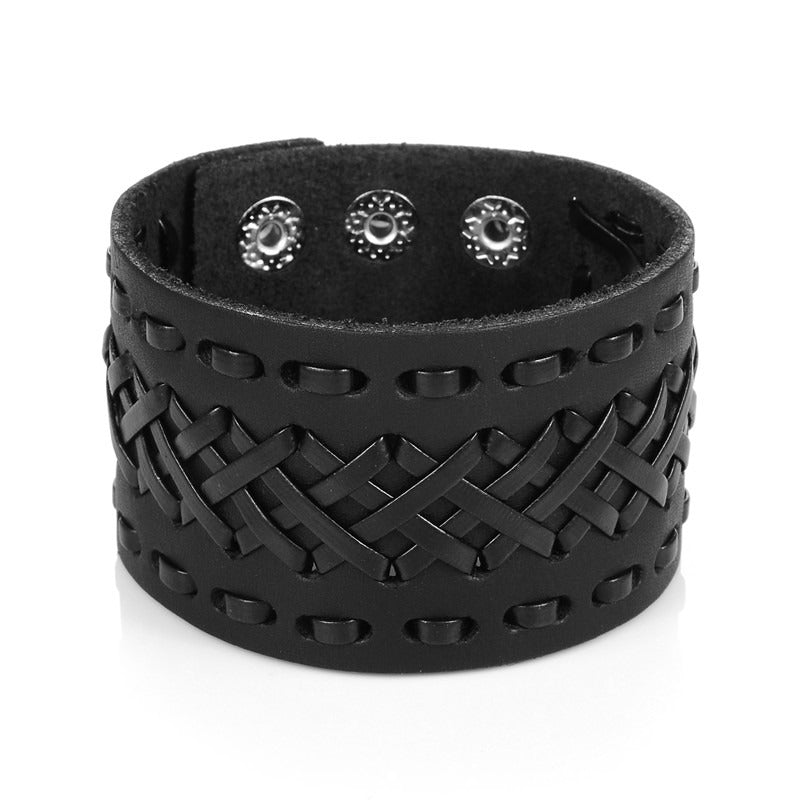 Handmade Viking style black leather bracelet with braided design and wide cuff, perfect accessory for men and women.