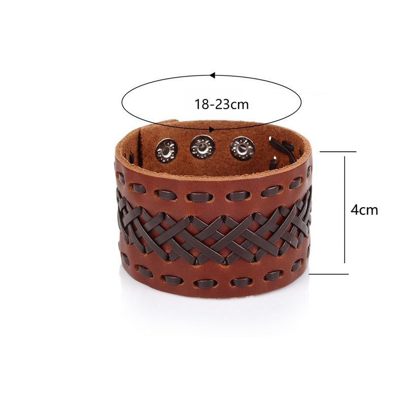 Brown braided leather Viking style bracelet with adjustable size 18-23cm and 4cm wide cuff, perfect accessory for men and women.
