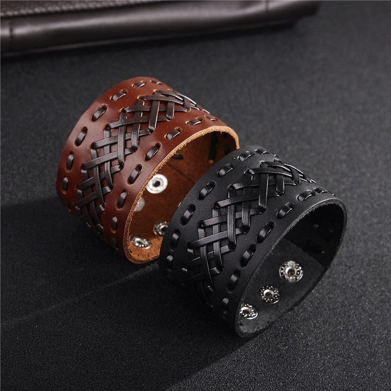 Genuine Leather Bracelets in Viking Style / Handmade Braided Wide Cuff Bracelets for Men and Women - HARD'N'HEAVY