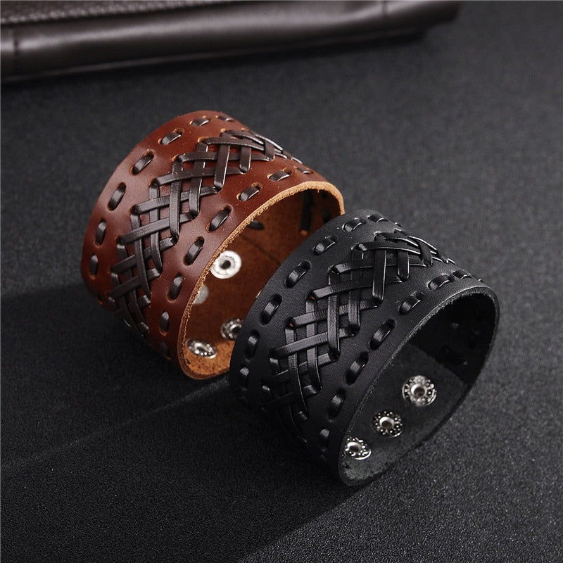 Handmade Viking style genuine leather bracelets in brown and black, featuring braided wide cuffs for men and women.
