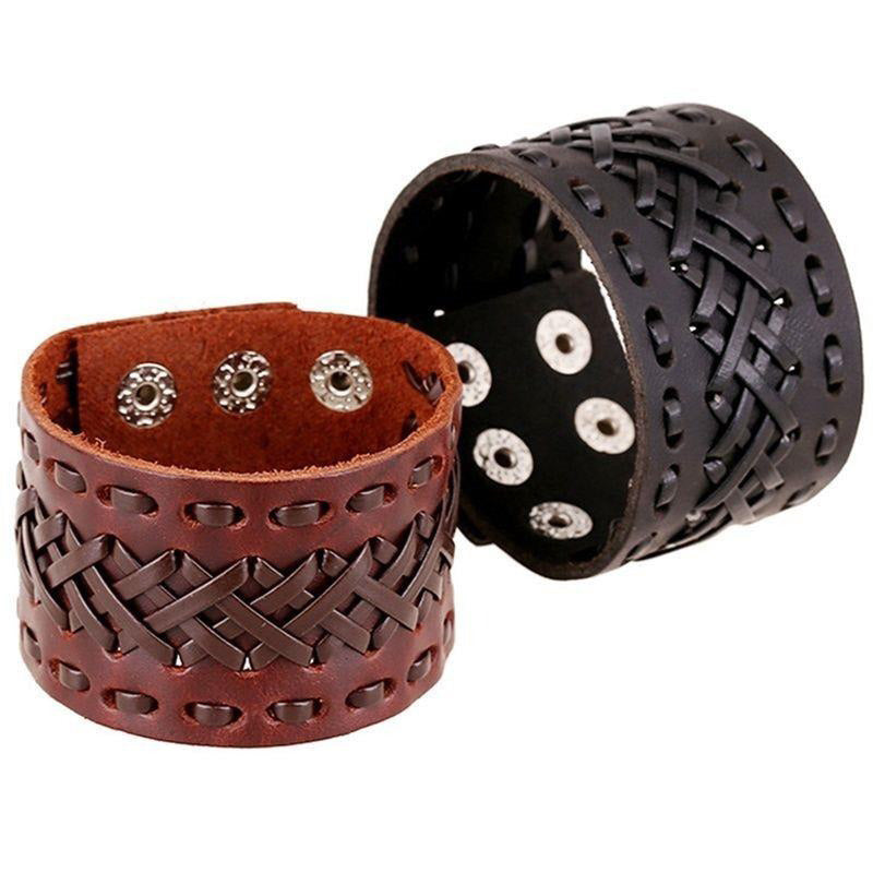 Genuine leather Viking-style cuff bracelets in dark brown and black, featuring braided design and adjustable clasp.