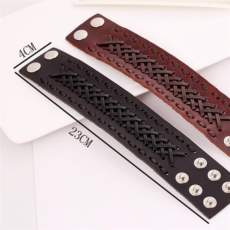 Two braided leather cuff bracelets in brown and black, featuring metal studs and measuring 23CM by 4CM.