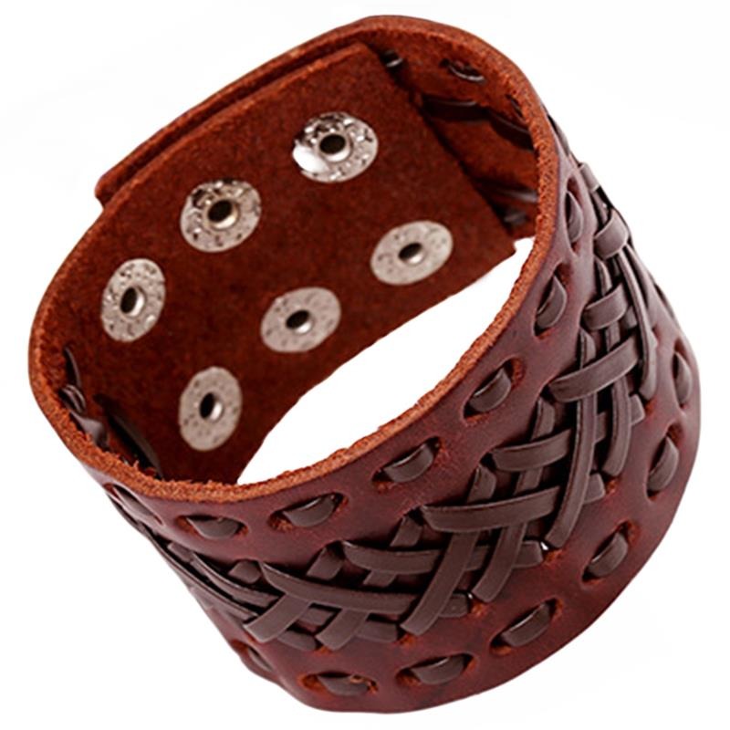 Handmade Viking style genuine leather bracelet with braided design and wide cuff for men and women.