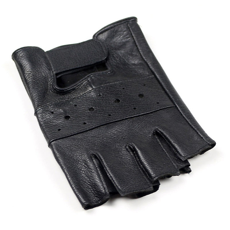Black sheep leather half finger gloves with wrist strap and breathable holes for rock style comfort.