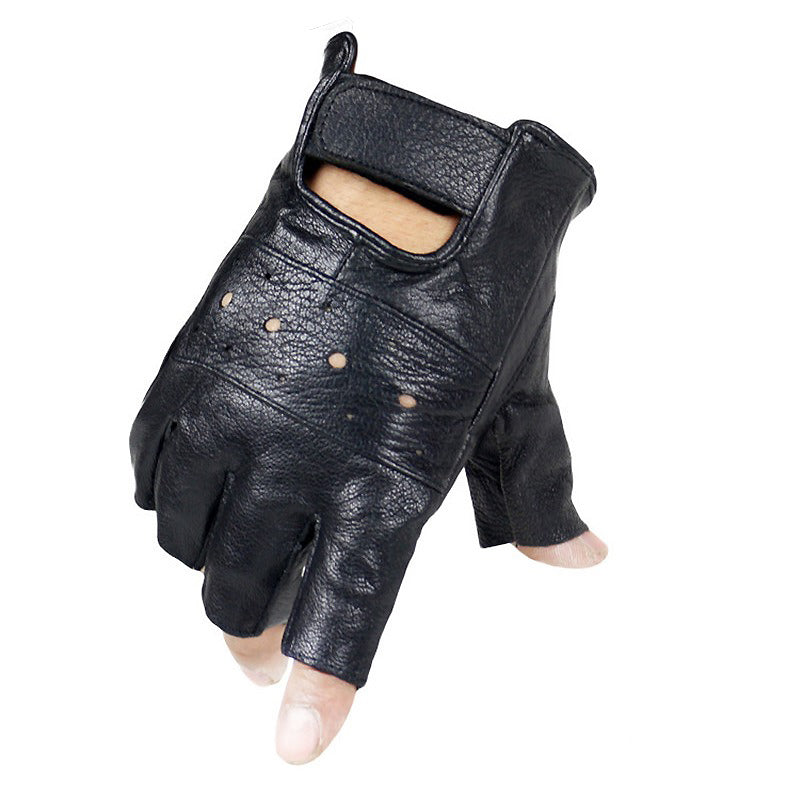 Rock style fingerless gloves made of genuine black leather, slip-resistant with decorative holes, perfect for driving or festivals.