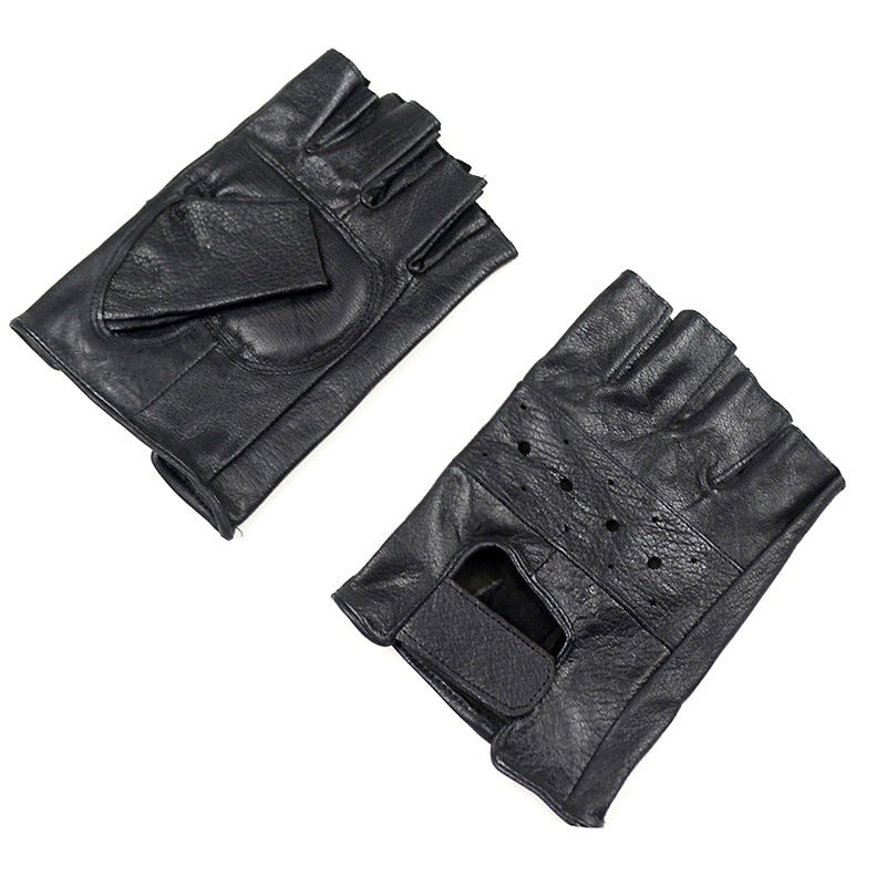 Rock style fingerless gloves made of genuine leather, perfect for driving or music festivals, featuring small holes for breathability.