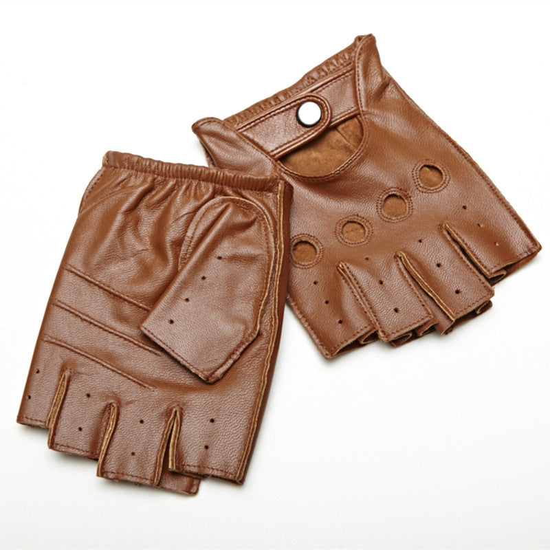Genuine leather half finger gloves for men in brown, breathable design with button and holes for enhanced airflow.