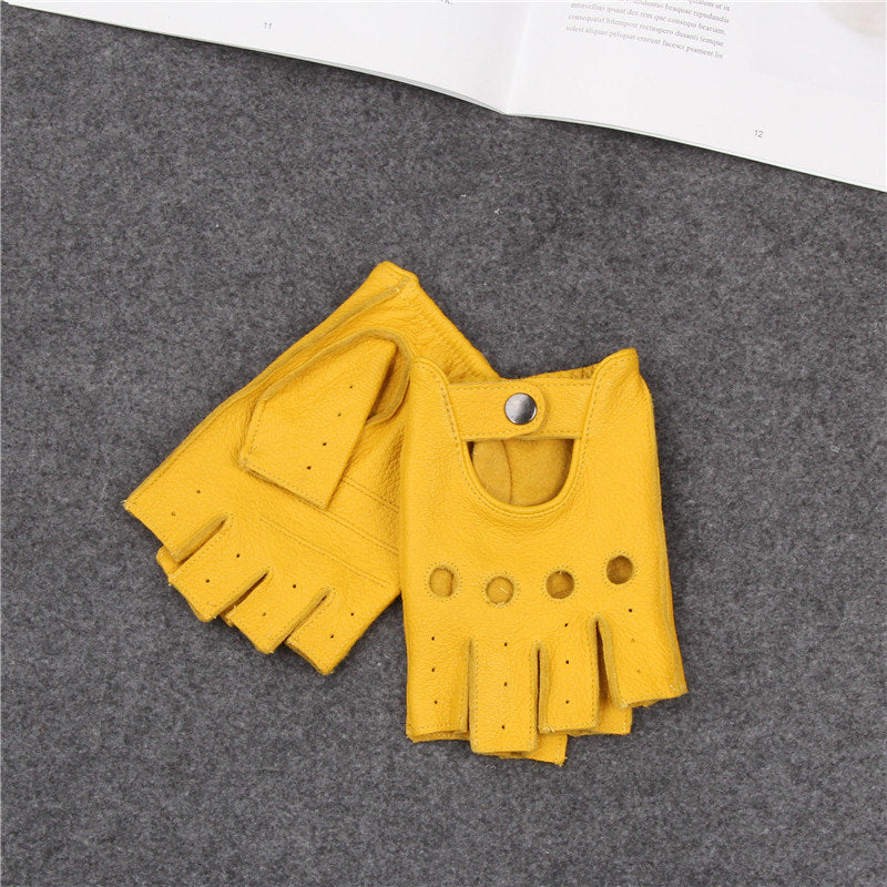Yellow genuine leather half finger gloves with breathable holes, perfect for driving and sports.