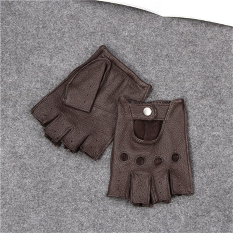 Brown genuine leather half finger gloves for men, stylish and breathable, perfect for driving and sporty activities.
