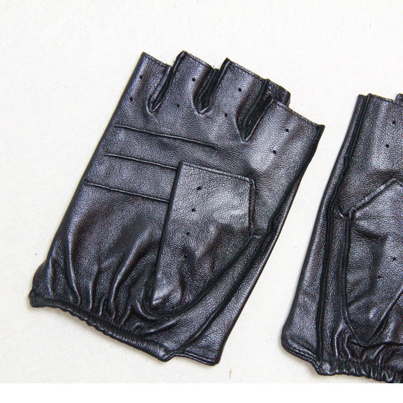 Genuine leather half finger gloves in black, featuring breathable design and stylish semi-finger cut, perfect for driving and sports.