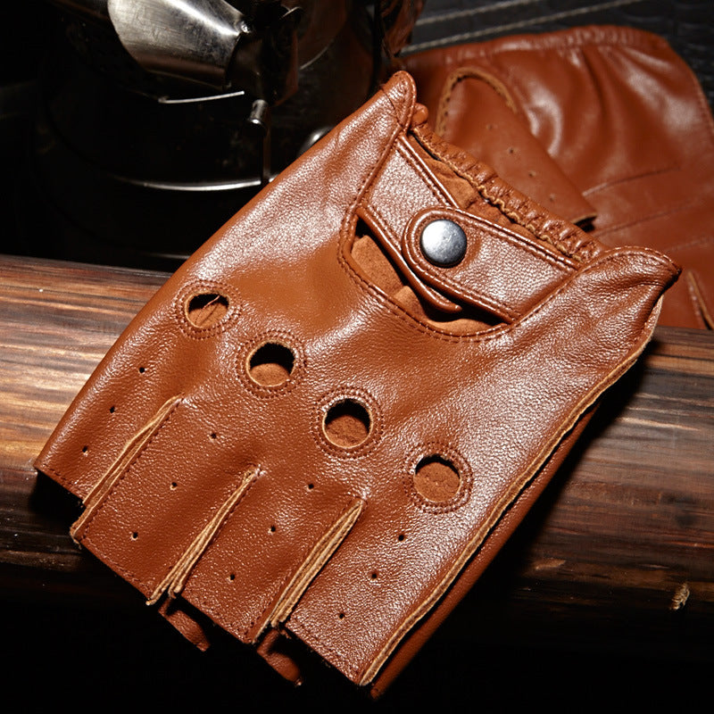 Genuine leather half finger gloves in brown, featuring breathable holes and button closure, ideal for driving and sports.
