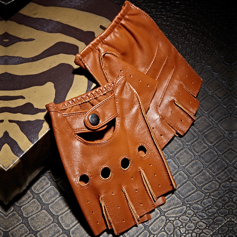 Genuine leather half finger gloves in brown, featuring breathable holes and buttons, perfect for driving and sports.