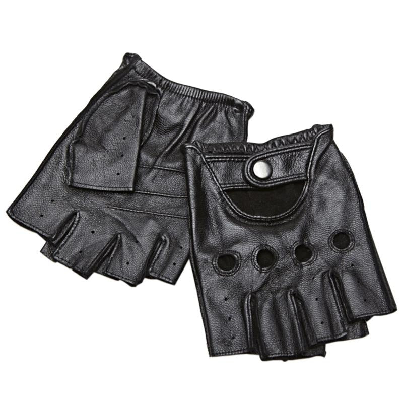 Genuine leather half finger gloves for men in black, breathable and stylish, perfect for driving and sports.