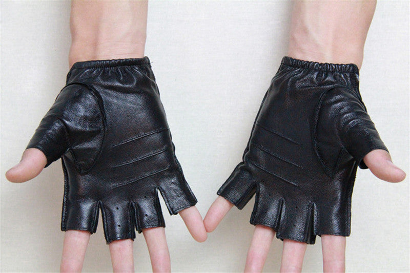 Men's black genuine leather half finger gloves, perfect for driving and sports, showcasing breathable design and stylish look.