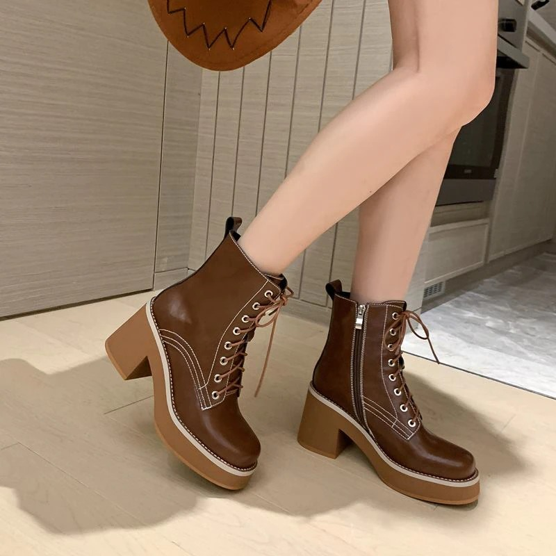 Genuine Leather High Heel Ankle Boots / Lace up Platform Shoes / Fashion Women's Boots - HARD'N'HEAVY