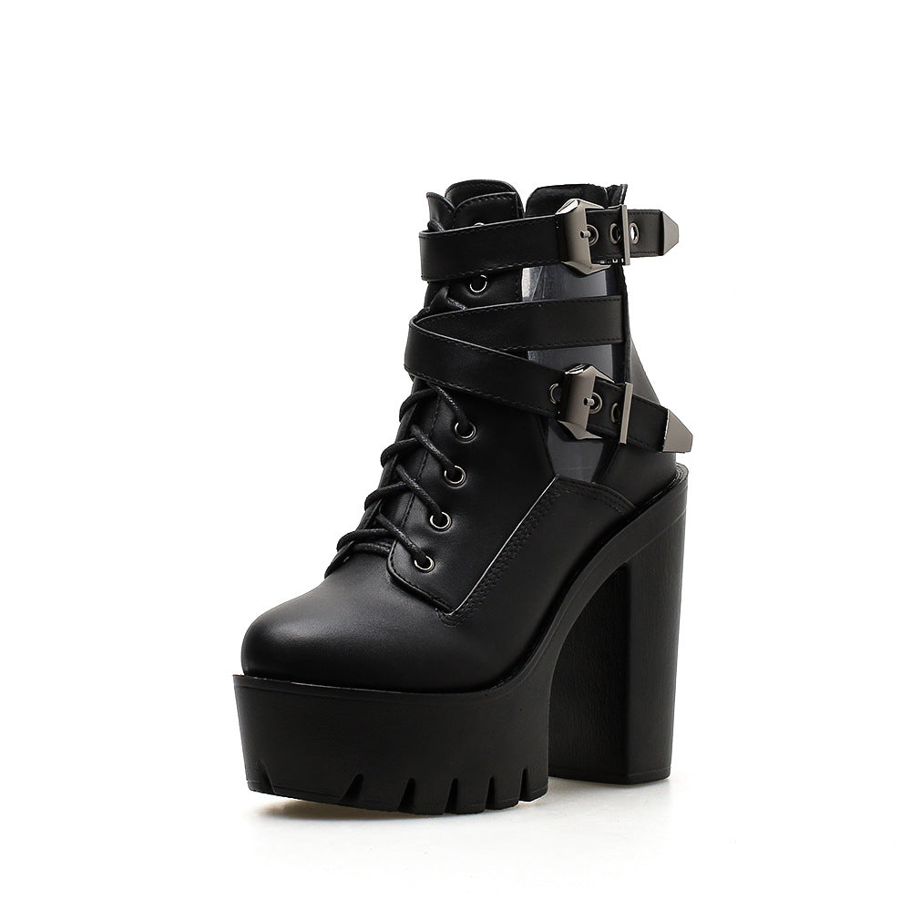 Black leather platform ankle boots with metal buckles, lacing, and a thick heel for rocker style outfits.
