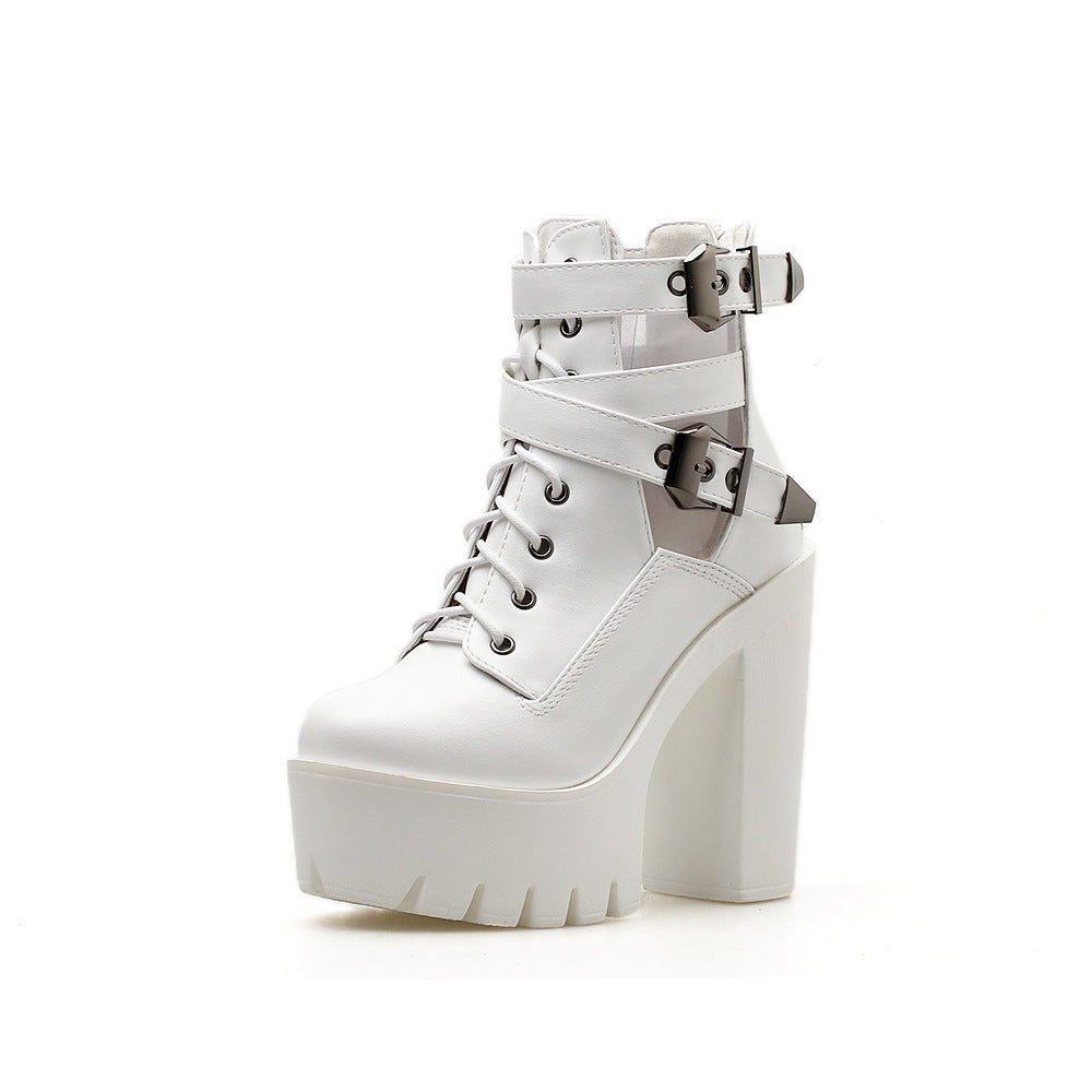 White platform ankle boots with buckles and laces perfect for rocker outfits and stylish occasions.