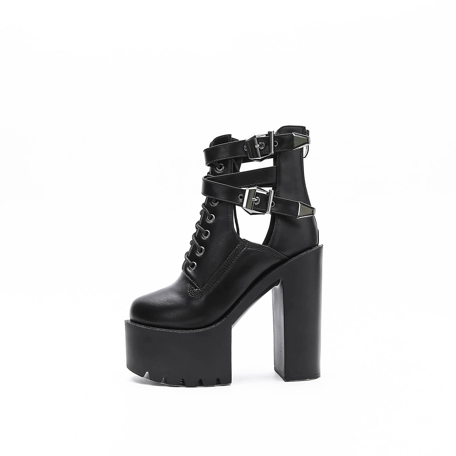 Genuine leather black platform ankle boots with thick heel, lacing, and metal buckles for rocker outfits.