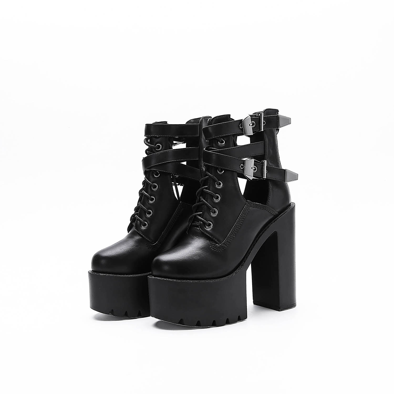 Black high heel platform ankle boots with laces, buckles, and striking rocker style.