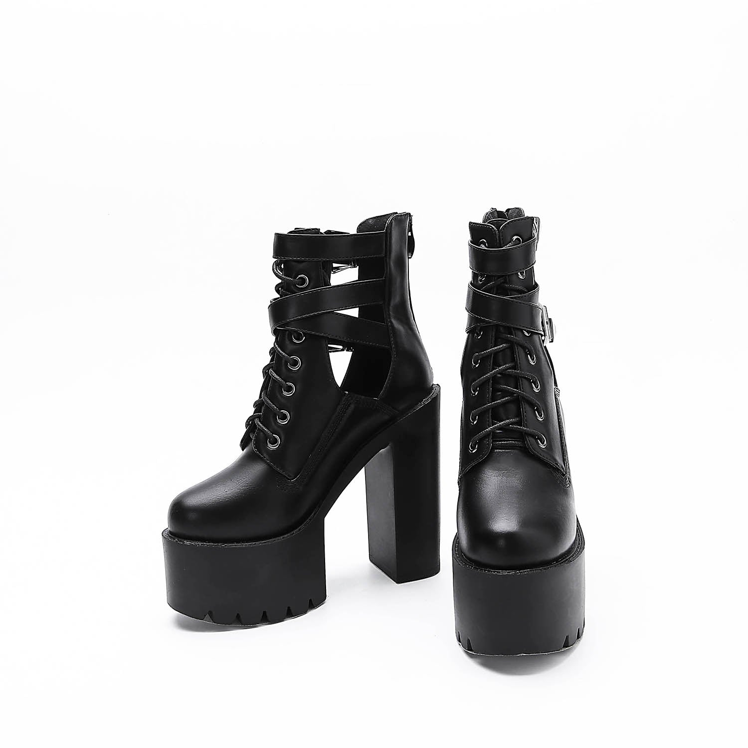Genuine leather black platform ankle boots with laces and metal buckles, perfect for rocker outfits and stylish flair.
