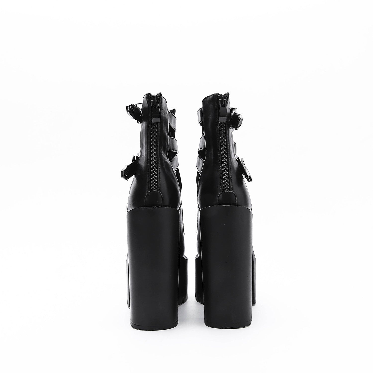 Rear view of black genuine leather high heels with thick platform and zippers, perfect for rocker outfits.
