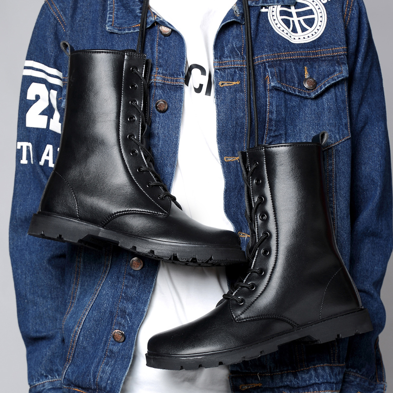 Genuine leather lace-up high top men's boots perfect for winter, designed in British style with a sleek black finish.