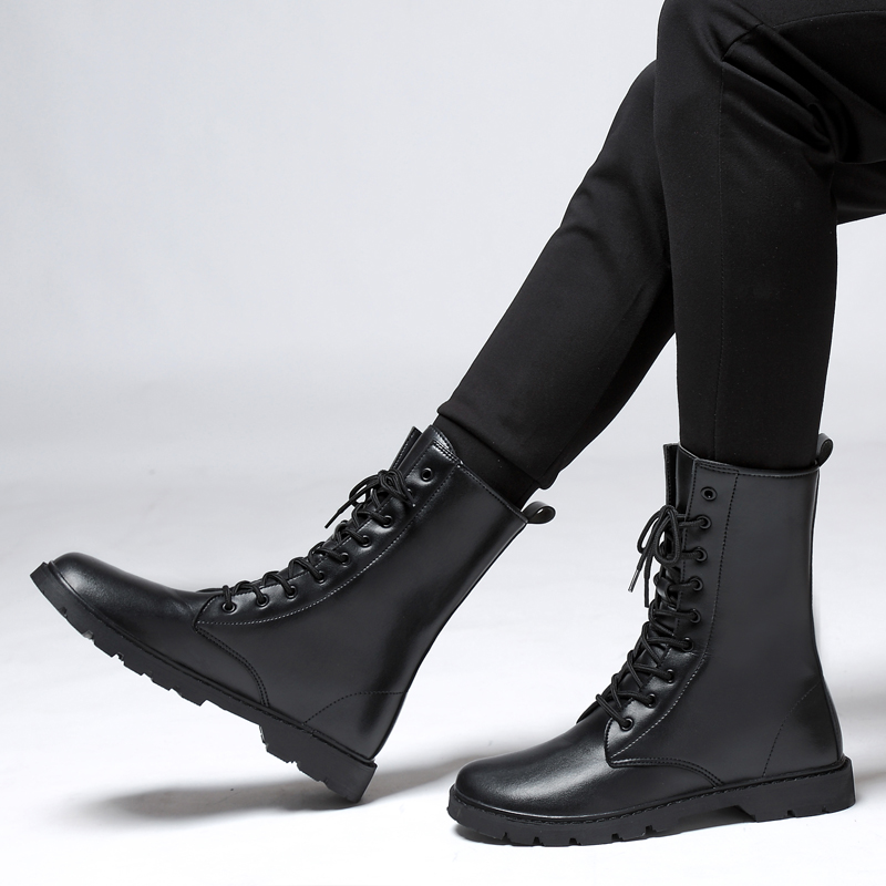 Genuine leather lace-up high top boots for men, perfect winter footwear with a stylish British design.