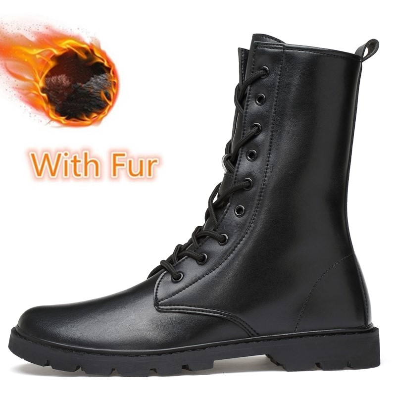 Genuine leather lace-up high top boots for men with fur, perfect for winter wear and bad weather. Stylish British design.