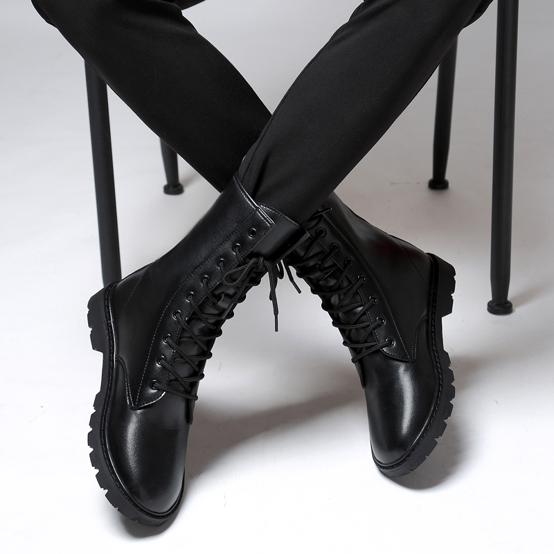 Genuine leather lace-up high top boots in black, perfect winter shoes for men, offering style and warmth.
