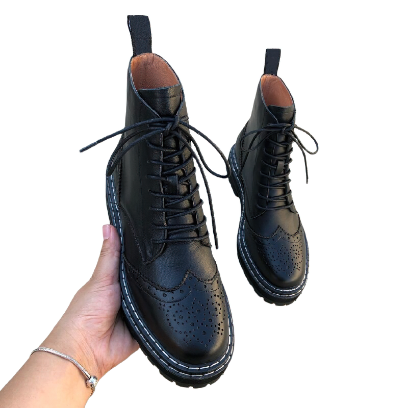 Genuine leather women's biker boots with lace-up closure and stylish hollow out flowers, perfect for outdoor activities.