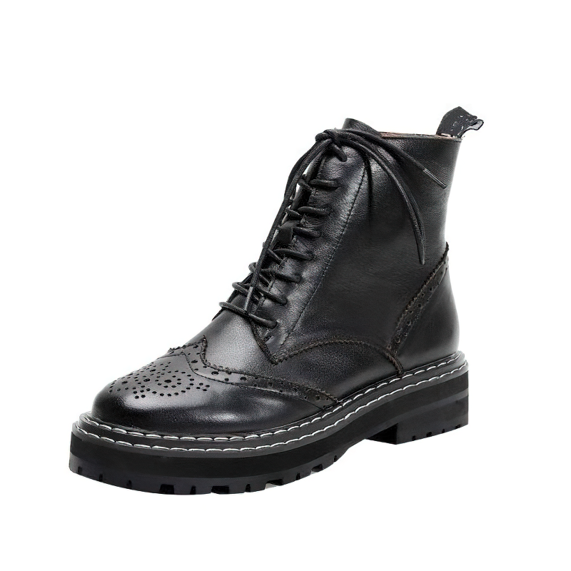 Stylish genuine leather women's boots featuring lace-up design and hollow out flower patterns for bikers and outdoor activities.