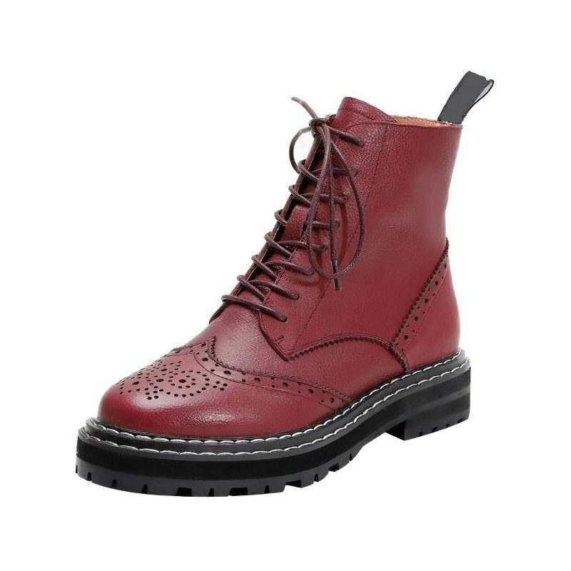 Genuine leather lady's biker boots in burgundy with lace-up closure and hollow-out flower details, perfect for fashionable outdoor activities.