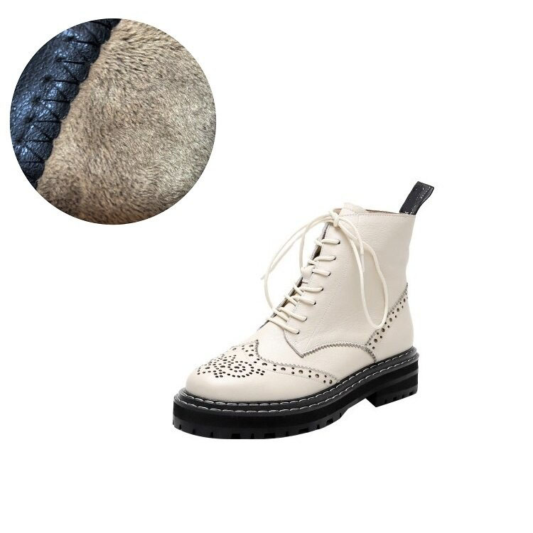 Genuine leather women's biker boots in cream with lace-up design and embossed flower patterns, perfect for stylish outdoor activities.