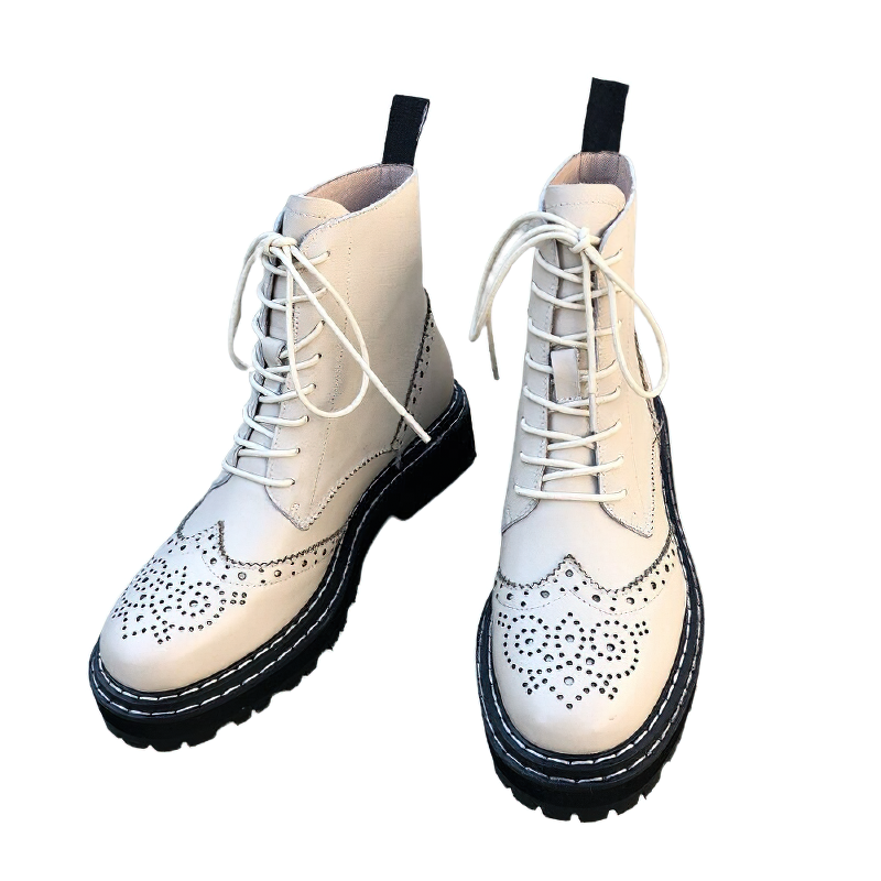 Genuine leather women's biker boots with hollow out flowers and lace-up closure, ideal for stylish outdoor activities.