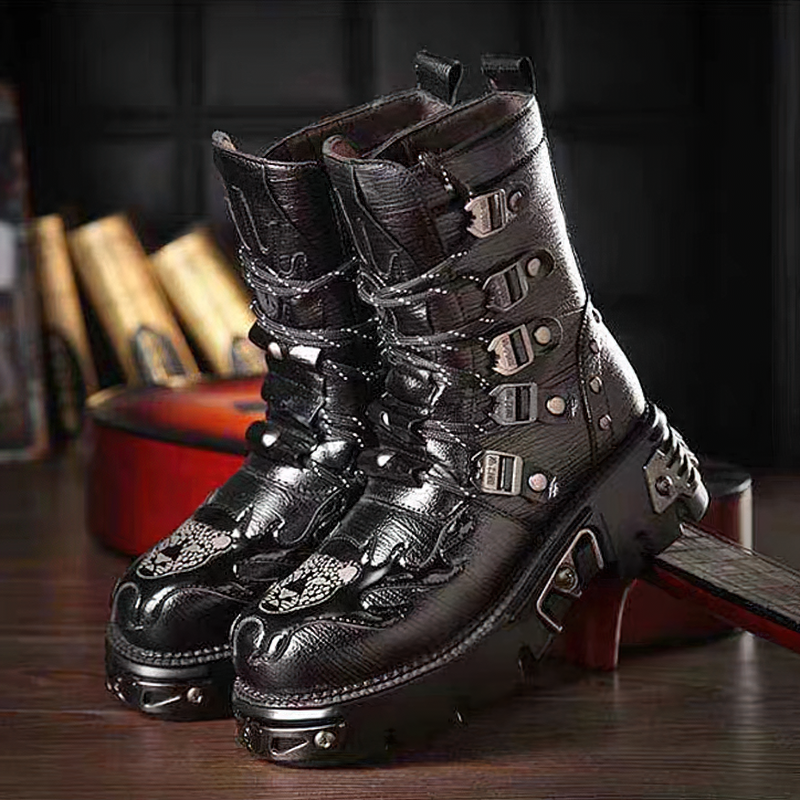 Genuine Leather Low Heel Ankle Boots / Fashion Round Toe Shoes With Buckles And Rivets - HARD'N'HEAVY