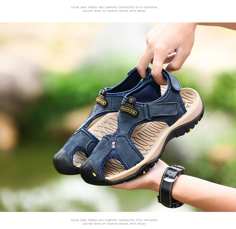 Men's genuine leather summer sandals in navy, perfect for beach outings and casual wear, showcasing comfort and style.