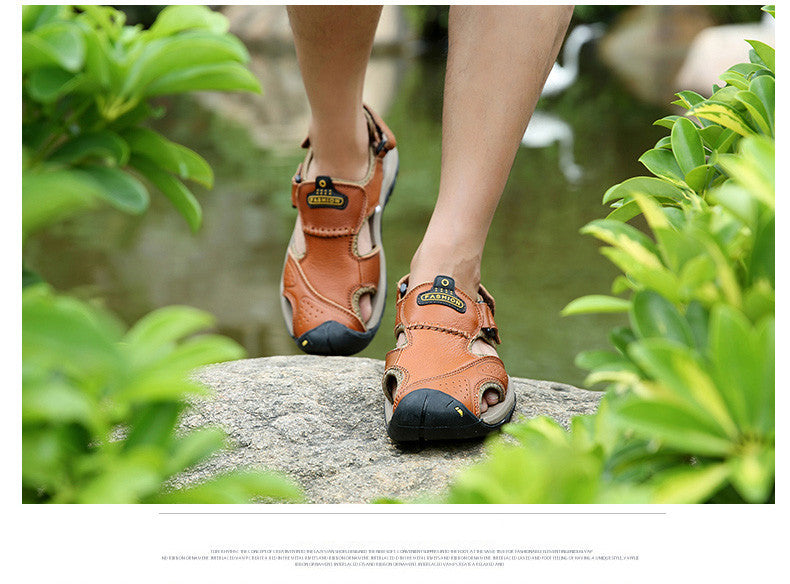 Men's genuine leather sandals in brown, perfect for summer beach activities and casual fashion looks.