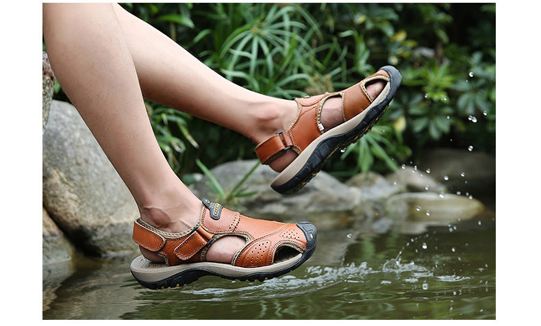 Men's genuine leather sandals splashing in water, perfect for summer and outdoor activities, stylish and comfortable.
