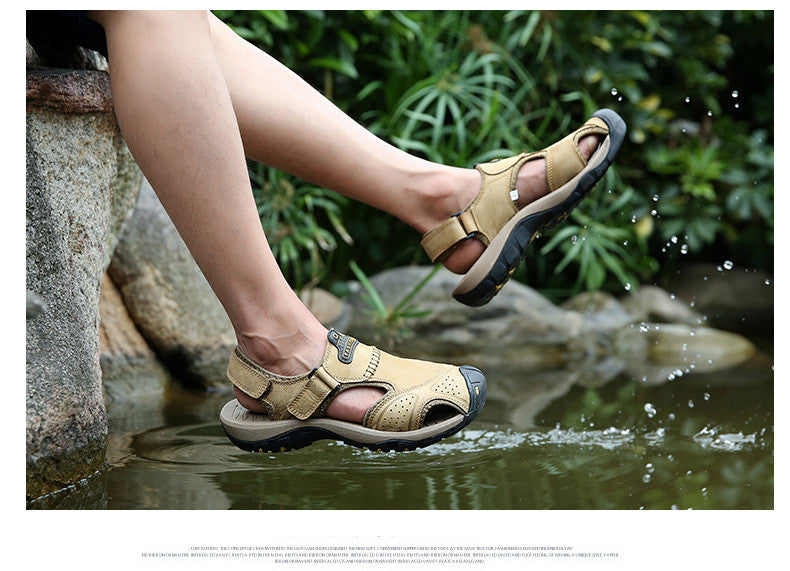 Men's genuine leather sandals splashing water, perfect for summer beach outings and casual fashion styling.