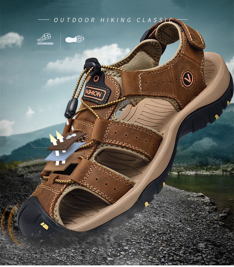 Male genuine leather outdoor hiking sandals with buckle straps, perfect for summer adventures and alternative fashion.