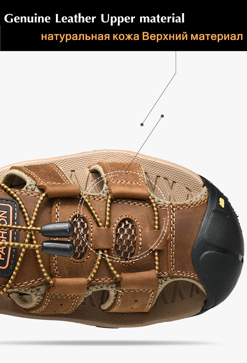 Close-up of genuine leather upper for outdoor sandals showcasing quality and durability.