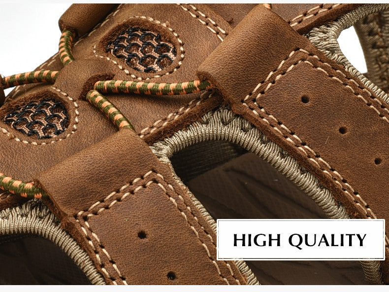 Close-up of male genuine leather sandals showcasing high-quality materials and detailed stitching.