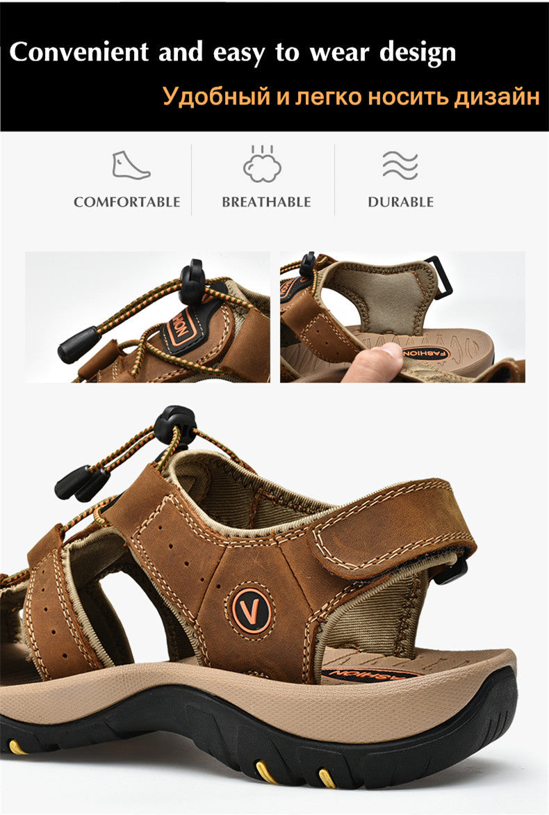 Male genuine leather sandals with adjustable straps and breathable design, perfect for summer outdoor adventures.