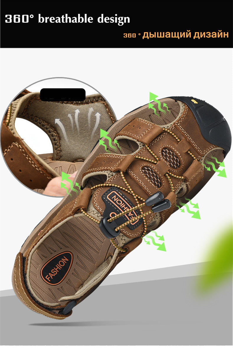 Male leather sandals featuring a 360° breathable design, perfect for summer outdoor activities and comfort.