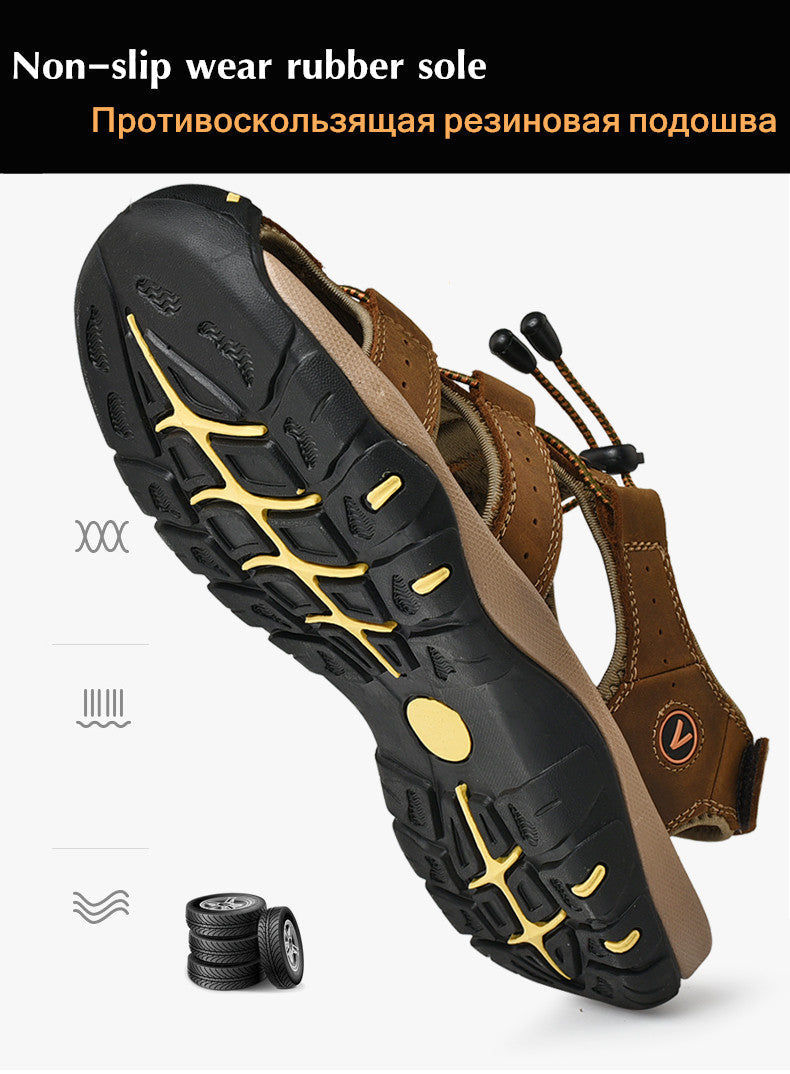 Non-slip rubber sole of male genuine leather sandals, ideal for summer beach outings and outdoor adventures.