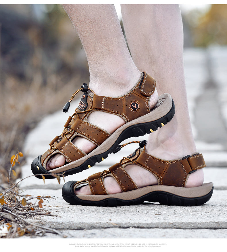 Male genuine leather sandals in brown, perfect for summer beach outings and alternative fashion outdoor adventures.