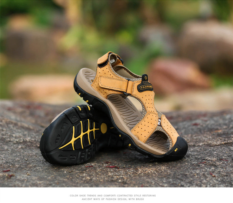 Men's genuine leather summer sandals in tan, featuring comfortable EVA sole for beach or outdoor activities.